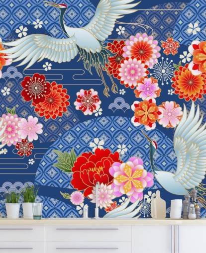 cranes and bright flowers against blue patterned landscape wallpaper