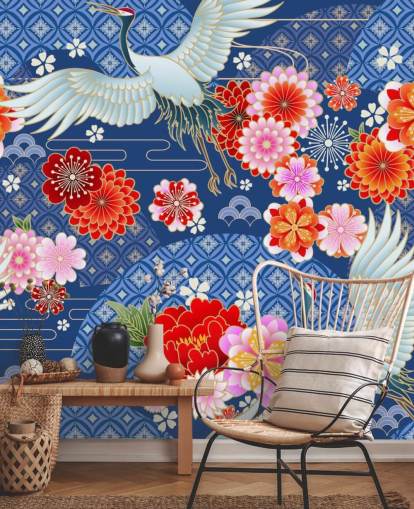 cranes and bright flowers against blue patterned landscape wallpaper
