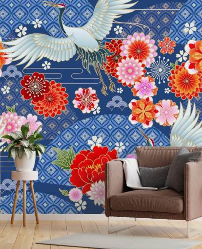 cranes and bright flowers against blue patterned landscape wallpaper