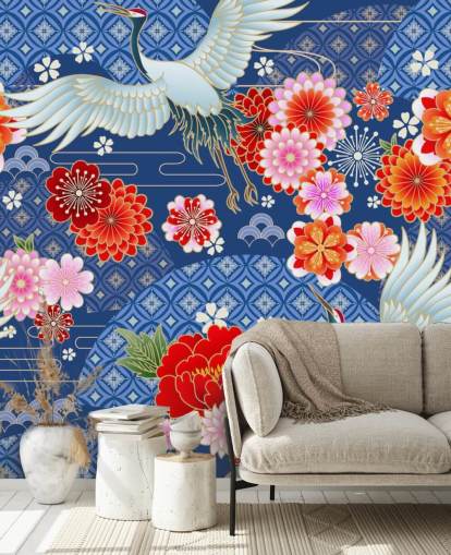 cranes and bright flowers against blue patterned landscape wallpaper