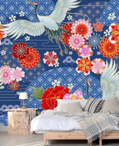 cranes and bright flowers against blue patterned landscape wallpaper