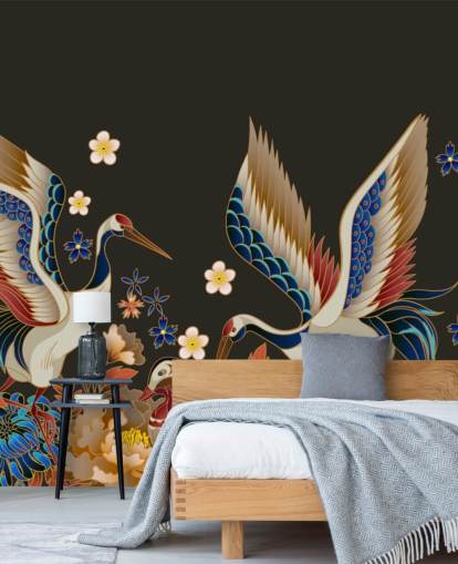 mandarin ducks and cranes with orange and blue florals wallpaper
