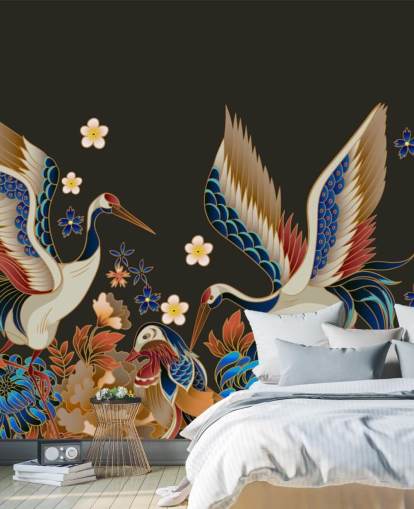 papier peint de canards et grues mandarines avec des fleurs oranges et bleues