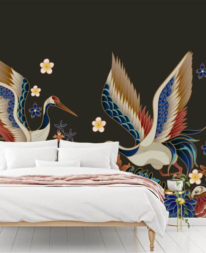 papel de parede de patos e guindastes mandarim com flores laranja e azul