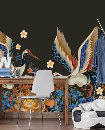 mandarin ducks and cranes with orange and blue florals wallpaper