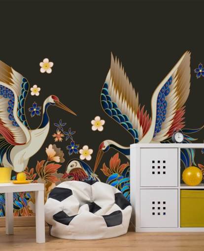 carta da parati con anatre mandarine e gru con fiori arancioni e blu