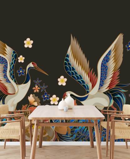 papier peint de canards et grues mandarines avec des fleurs oranges et bleues