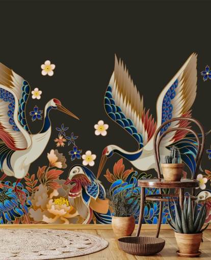 papier peint de canards et grues mandarines avec des fleurs oranges et bleues papier peint de canards et grues mandarines avec des fleurs oranges et bleues