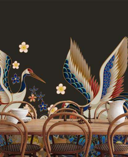mandarin ducks and cranes with orange and blue florals wallpaper