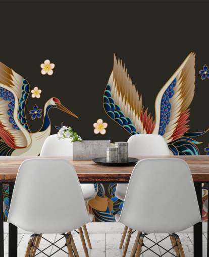 papel pintado de patos y grullas mandarinas con flores naranjas y azules