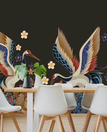 papel de parede de patos e guindastes mandarim com flores laranja e azul papel de parede de patos e guindastes mandarim com flores laranja e azul