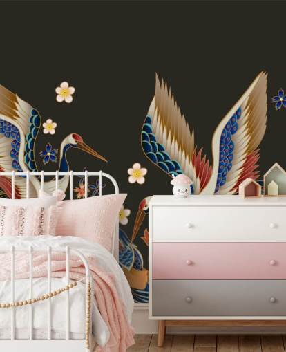 mandarin ducks and cranes with orange and blue florals wallpaper