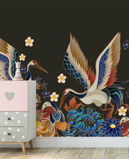 papel de parede de patos e guindastes mandarim com flores laranja e azul