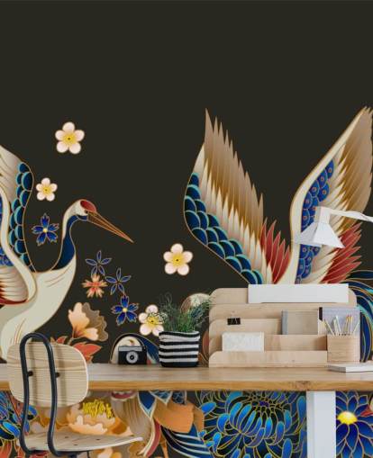 mandarijneenden en kraanvogels met oranje en blauwe bloemenbehang