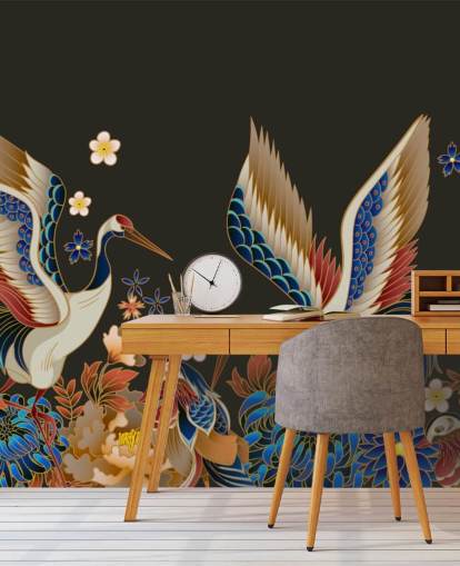 mandarin ducks and cranes with orange and blue florals wallpaper