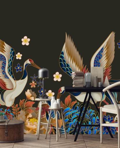 mandarin ducks and cranes with orange and blue florals wallpaper