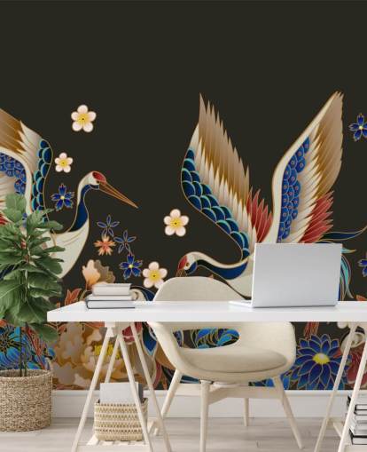 mandarin ducks and cranes with orange and blue florals wallpaper
