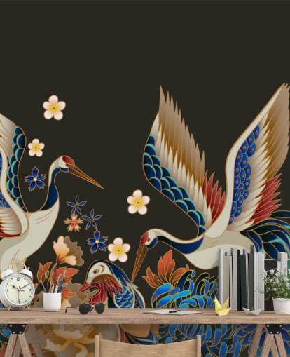 papel de parede de patos e guindastes mandarim com flores laranja e azul