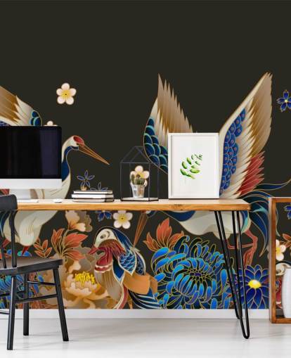 mandarin ducks and cranes with orange and blue florals wallpaper mandarin ducks and cranes with orange and blue florals wallpaper