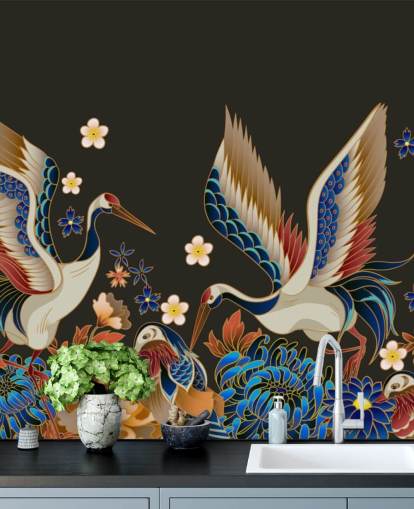 mandarin ducks and cranes with orange and blue florals wallpaper