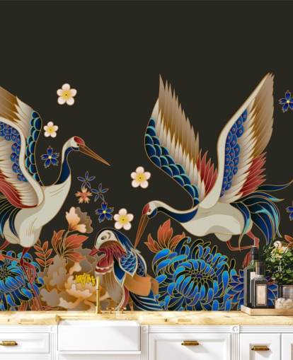 papier peint de canards et grues mandarines avec des fleurs oranges et bleues papier peint de canards et grues mandarines avec des fleurs oranges et bleues