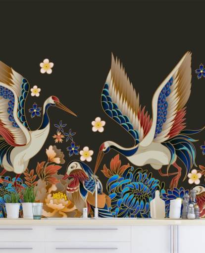mandarin ducks and cranes with orange and blue florals wallpaper mandarin ducks and cranes with orange and blue florals wallpaper