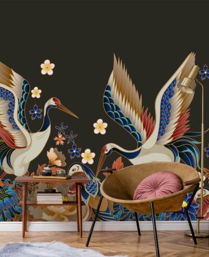 papel pintado de patos y grullas mandarinas con flores naranjas y azules