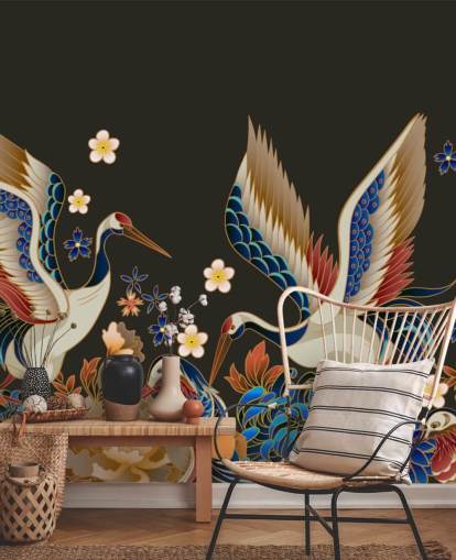 mandarin ducks and cranes with orange and blue florals wallpaper