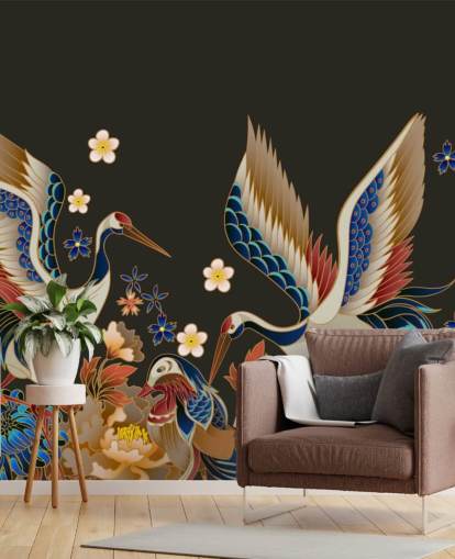 papier peint de canards et grues mandarines avec des fleurs oranges et bleues