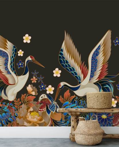 carta da parati con anatre mandarine e gru con fiori arancioni e blu