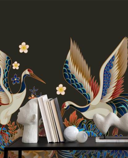 mandarin ducks and cranes with orange and blue florals wallpaper