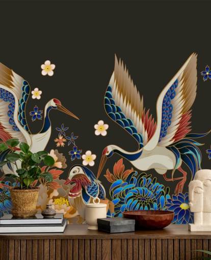 mandarin ducks and cranes with orange and blue florals wallpaper