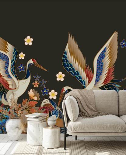 mandarin ducks and cranes with orange and blue florals wallpaper
