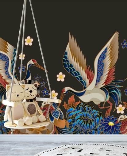 papier peint de canards et grues mandarines avec des fleurs oranges et bleues papier peint de canards et grues mandarines avec des fleurs oranges et bleues