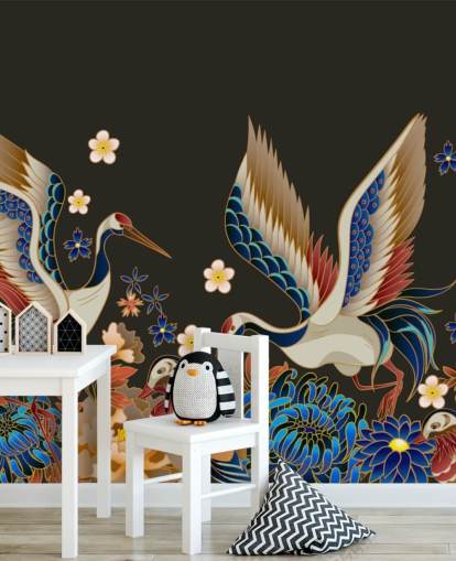 papel de parede de patos e guindastes mandarim com flores laranja e azul papel de parede de patos e guindastes mandarim com flores laranja e azul