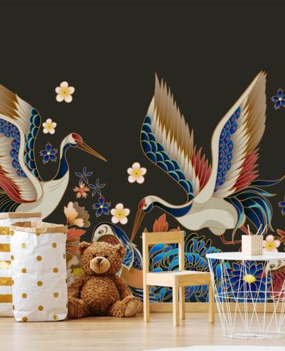 mandarin ducks and cranes with orange and blue florals wallpaper mandarin ducks and cranes with orange and blue florals wallpaper
