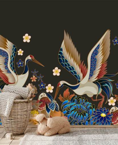 carta da parati con anatre mandarine e gru con fiori arancioni e blu