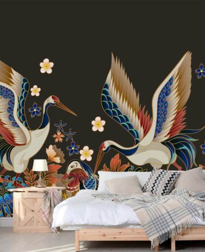 papel de parede de patos e guindastes mandarim com flores laranja e azul papel de parede de patos e guindastes mandarim com flores laranja e azul