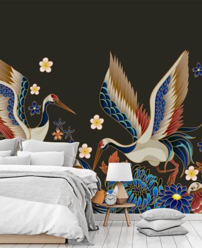 papier peint de canards et grues mandarines avec des fleurs oranges et bleues