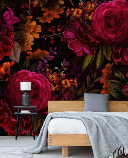 red roses and orange florals dark wallpaper