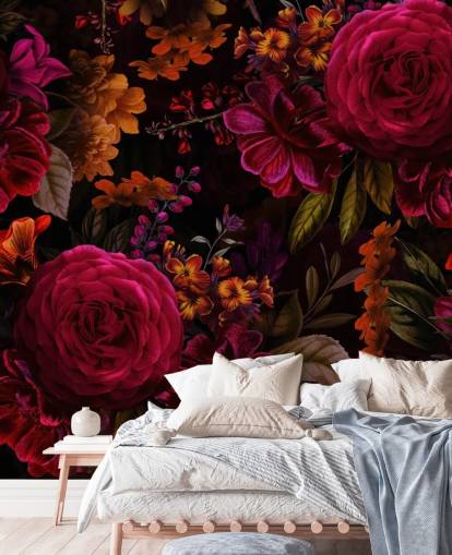 carta da parati scura con rose rosse e fiori arancioni