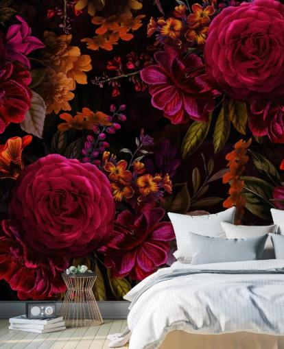 red roses and orange florals dark wallpaper