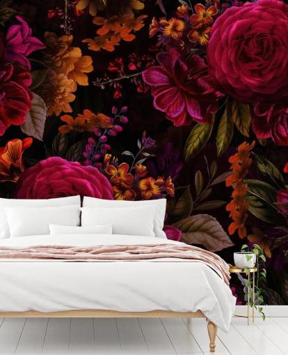 rosas rojas y flores naranjas papel tapiz oscuro