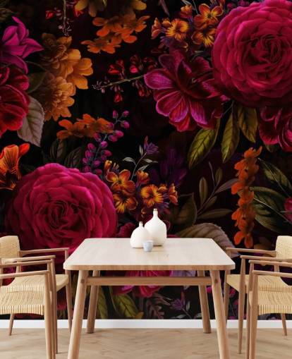 red roses and orange florals dark wallpaper