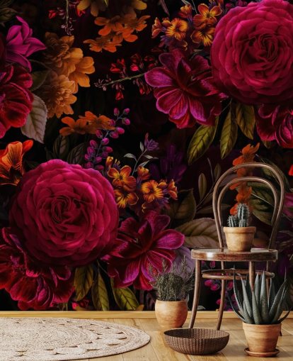 røde roser og orange blomster mørk tapet