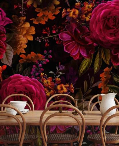 papier peint foncé roses rouges et fleurs orange