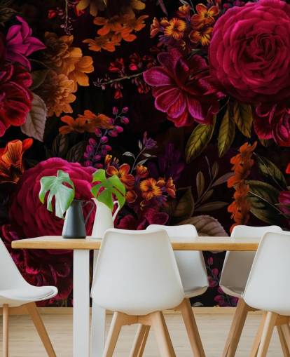 rote Rosen und orange Blumen dunkle Tapete