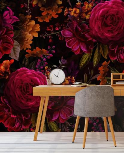 red roses and orange florals dark wallpaper