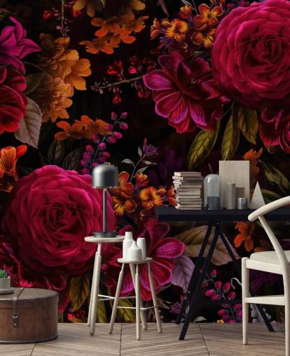 red roses and orange florals dark wallpaper