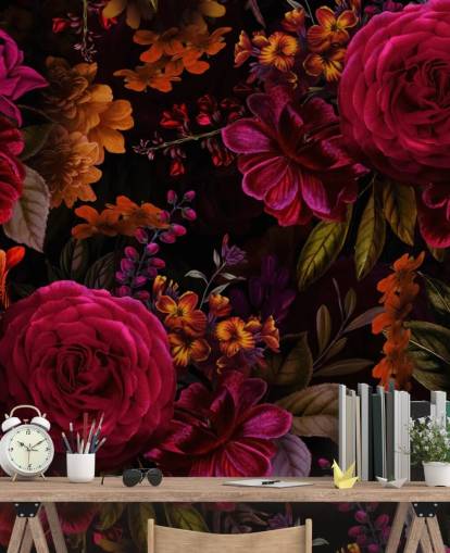 red roses and orange florals dark wallpaper